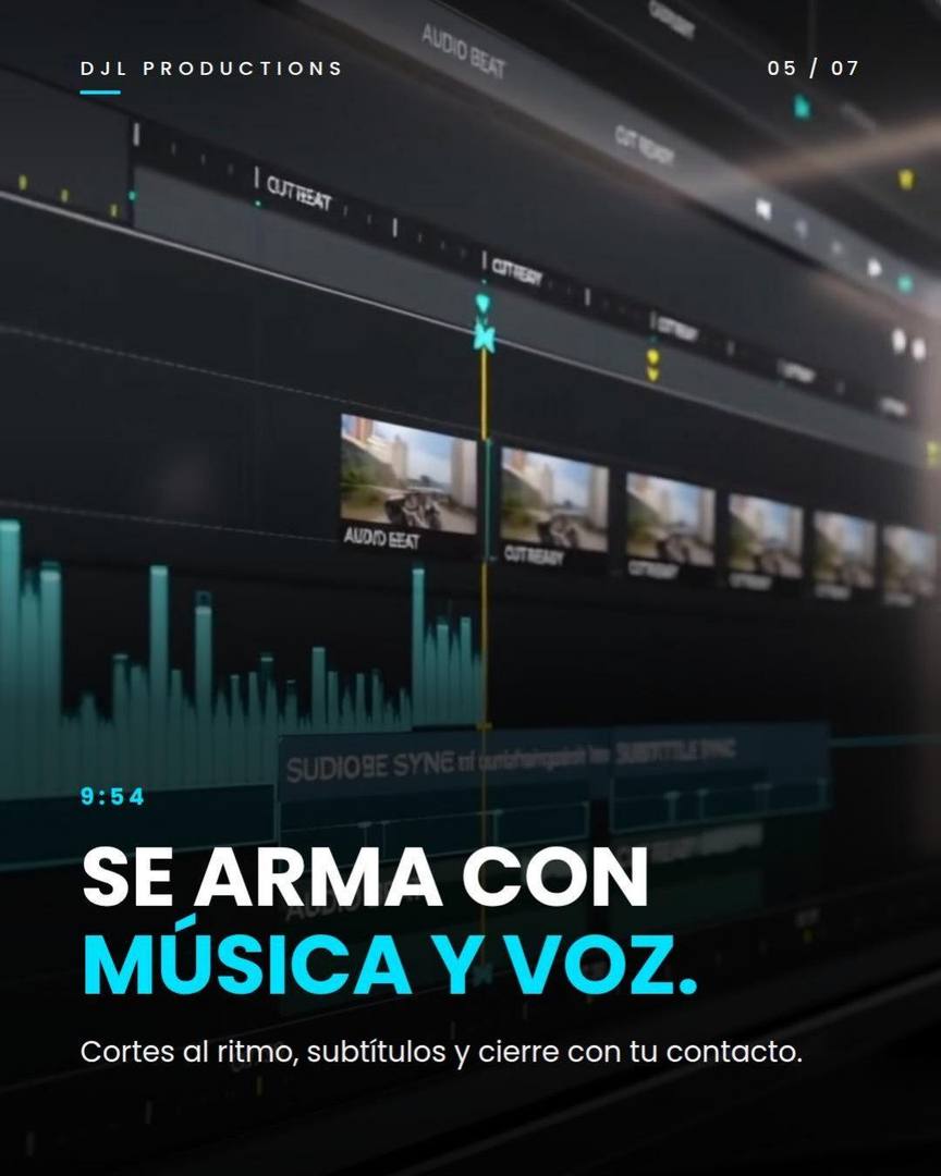Slide 5: 9:54, se arma con música y voz. Cortes al ritmo, subtítulos y cierre con tu contacto.